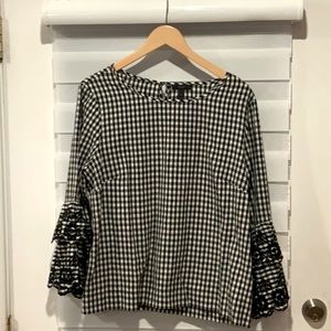 J.Crew black and white gingham flutter sleeve top size 14